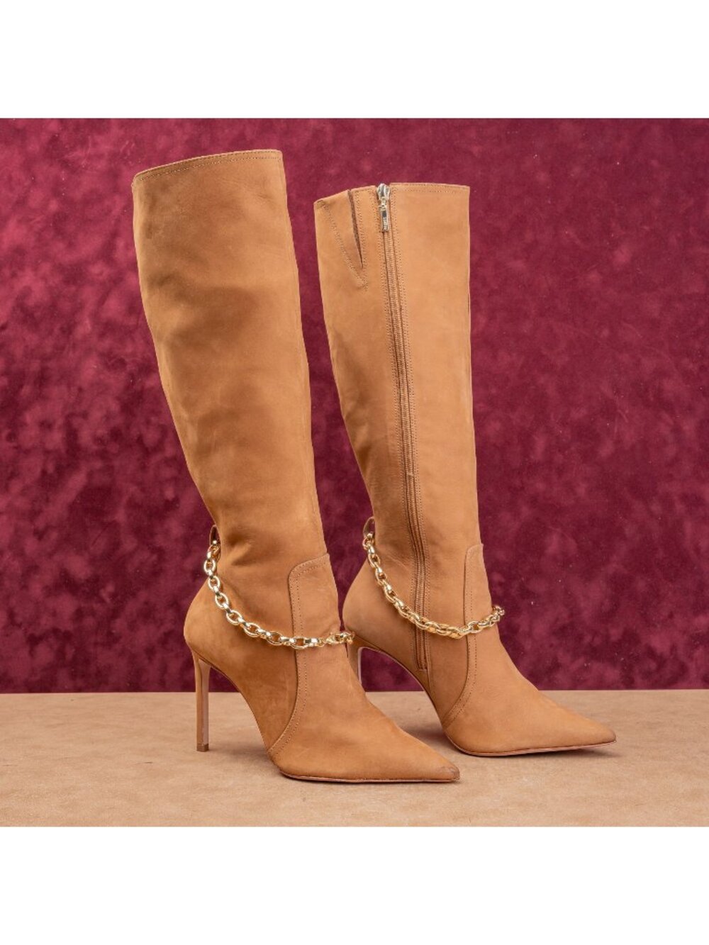 Schutz Women Vickie Tan Suede Fashion Party Pointy Zip Toe Knee Boots sz 7.5